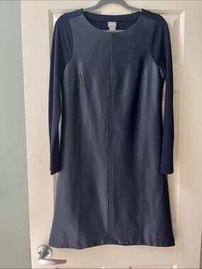 Chicos NWOT Navy Faux Leather Front Long-Sleeve Shift knit Dress
